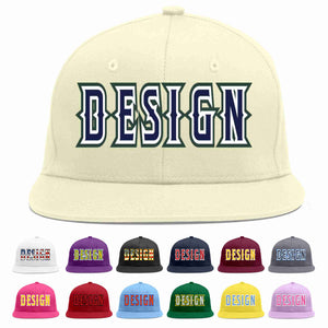 Custom Cream Navy-White Flat Eaves Sport Baseball Cap Design for Men/Women/Youth