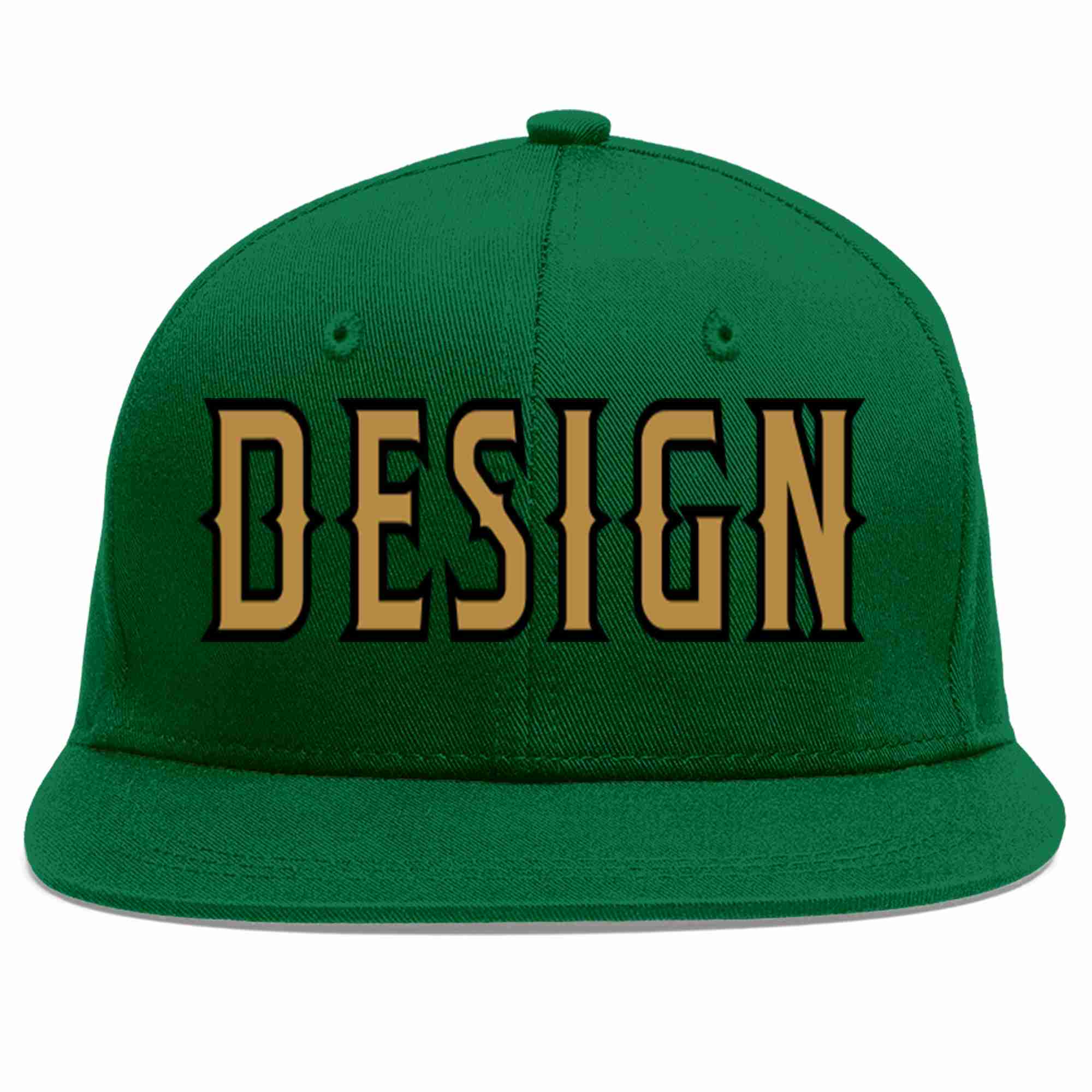 Conception personnalisée de casquette de baseball de sport à avant-toit plat vert vieux or-noir pour hommes/femmes/jeunes