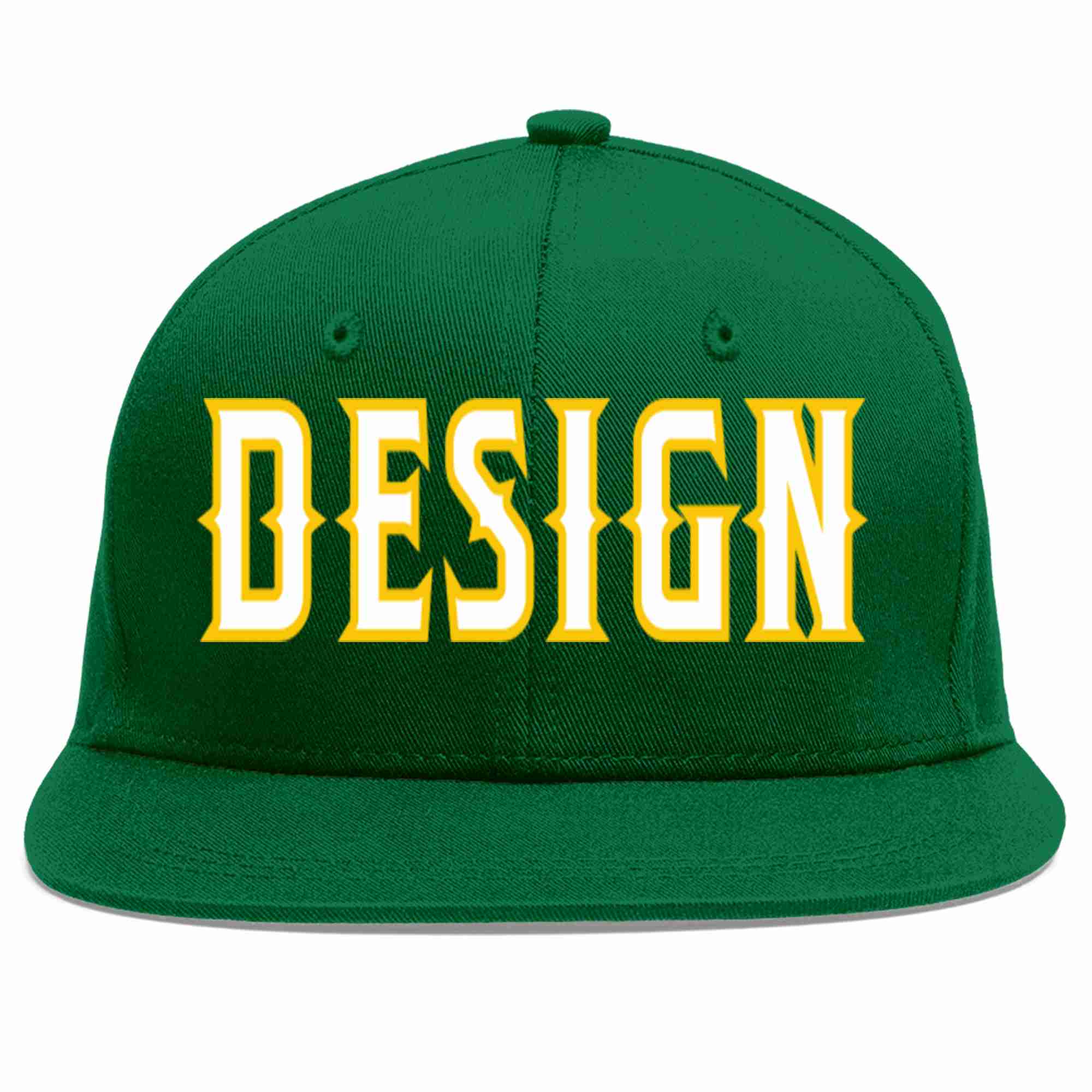 Custom Green White-Gold Flat Eaves Sport Baseball Cap Design for Men/Women/Youth