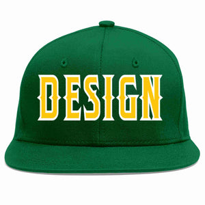 Conception personnalisée de casquette de baseball de sport à avant-toit plat vert or-blanc pour hommes/femmes/jeunes