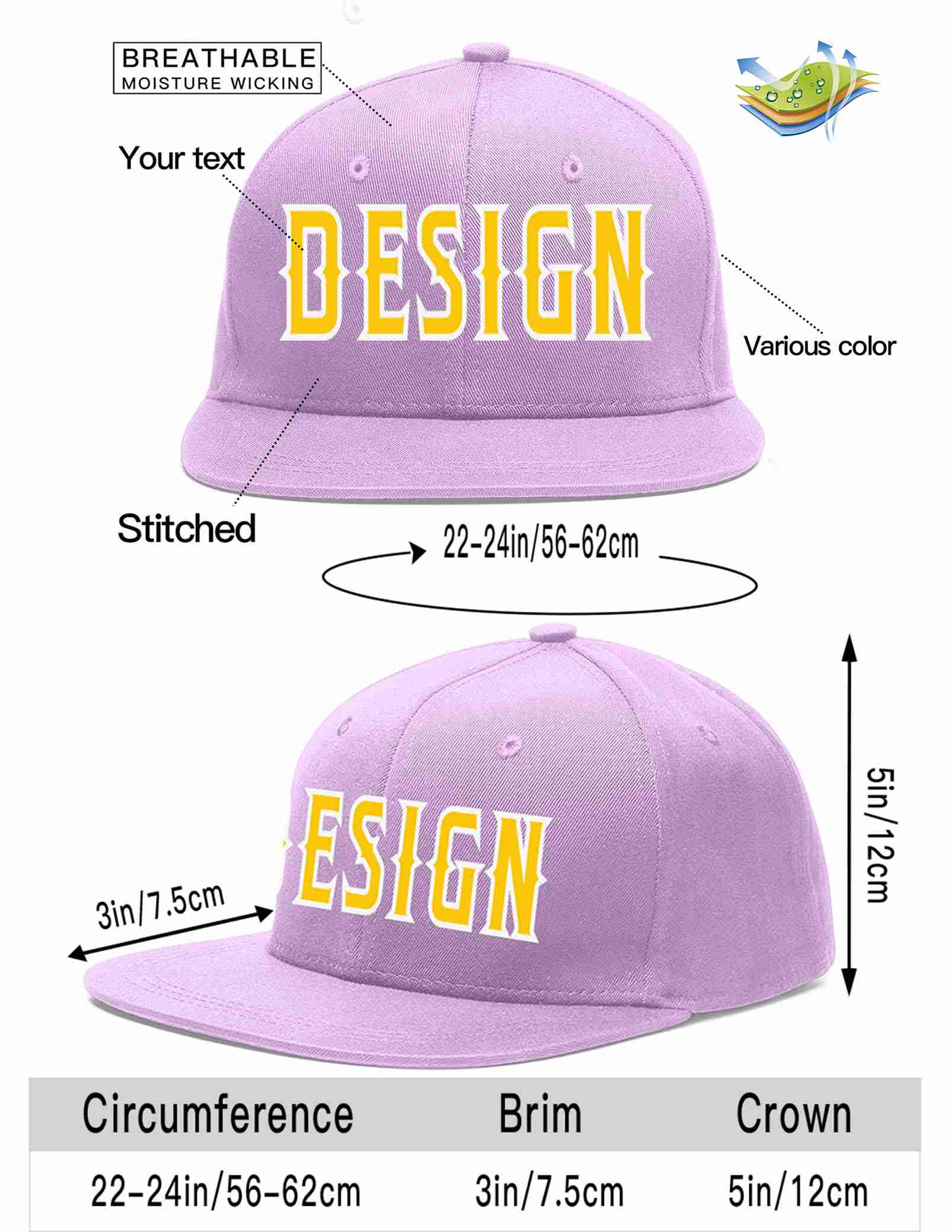 Custom Light Purple Gold-White Flat Eaves Sport Baseball Cap Design for Men/Women/Youth