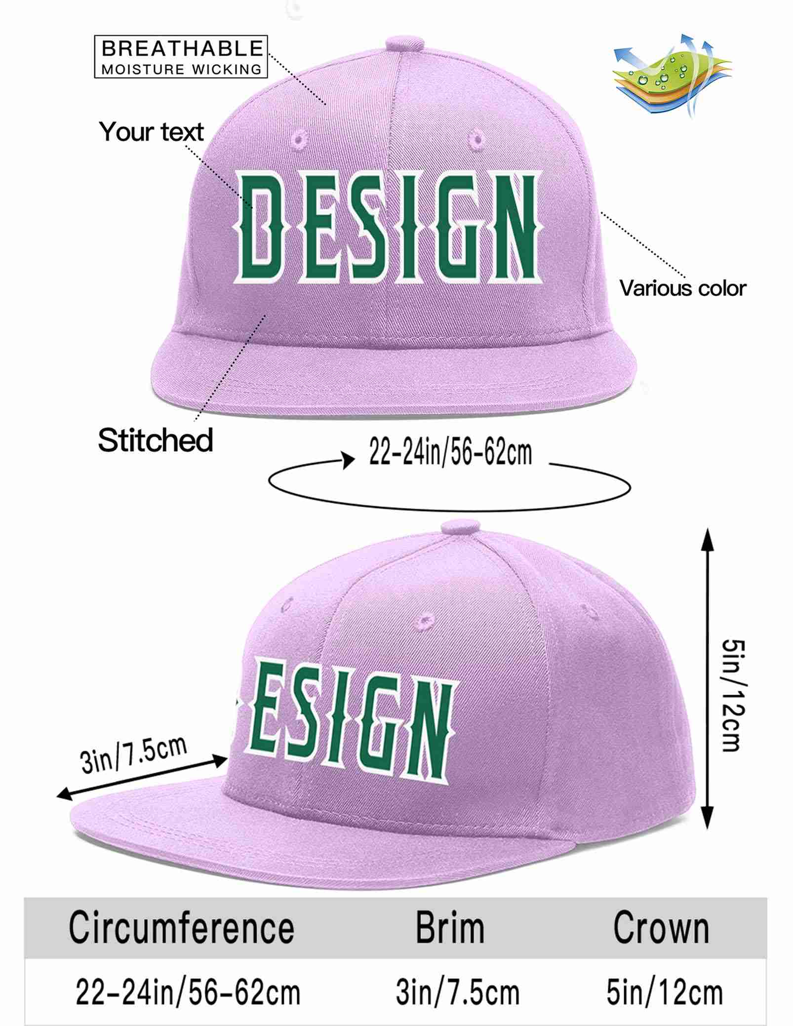 Custom Light Purple Kelly Green-White Flat Eaves Sport Baseball Cap Design for Men/Women/Youth