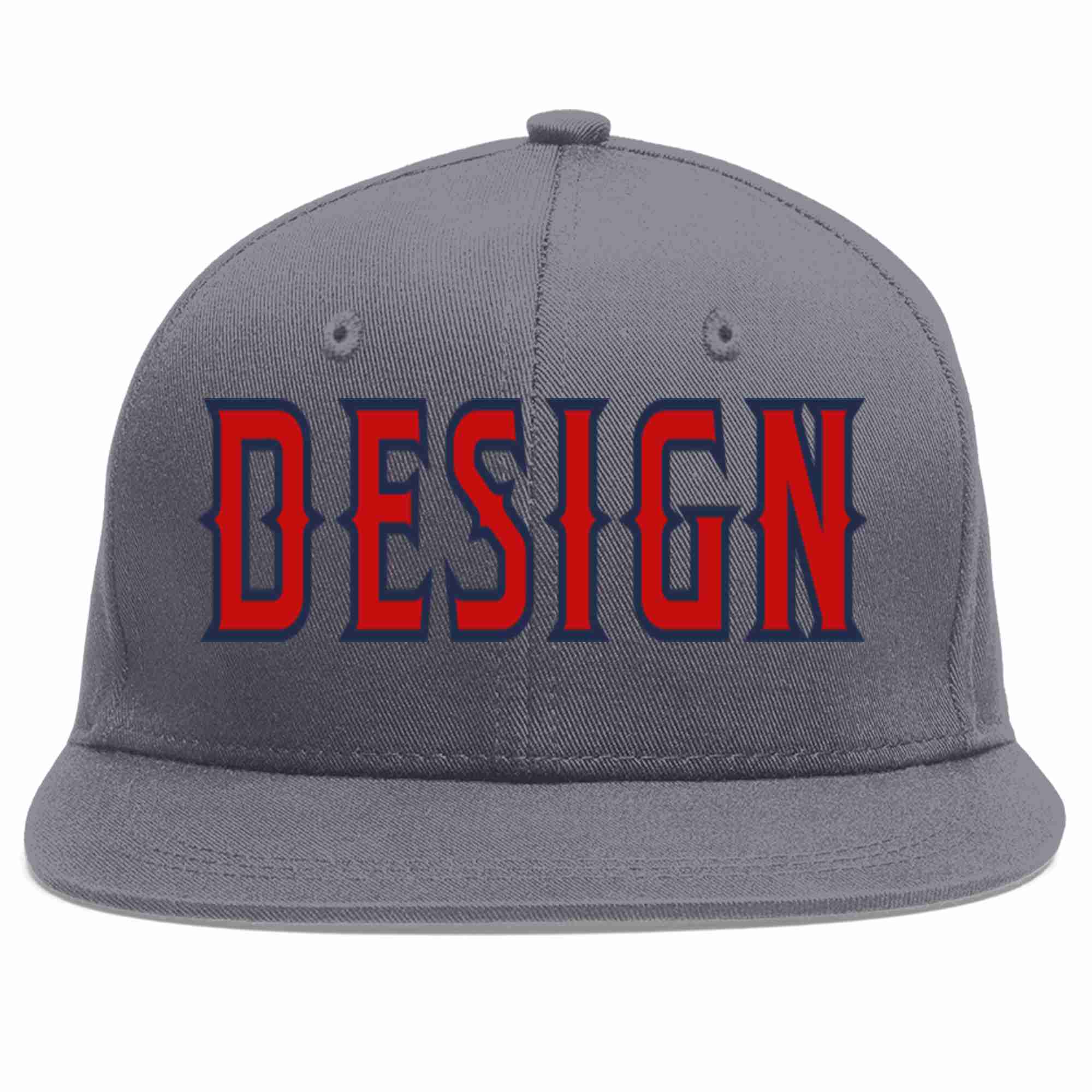 Custom Dark Gray Red-Navy Flat Eaves Sport Baseball Cap Design for Men/Women/Youth