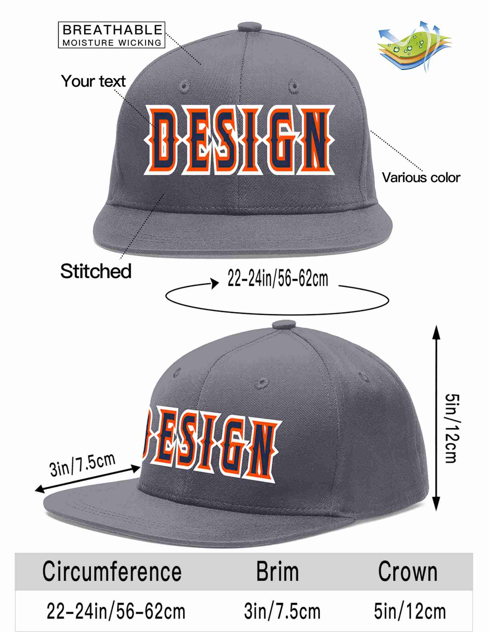 Custom Dark Gray Navy-Orange Flat Eaves Sport Baseball Cap Design for Men/Women/Youth