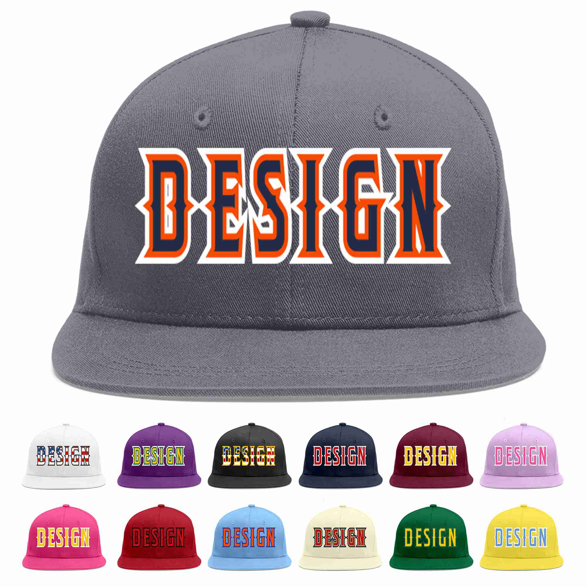 Casquette de baseball sport personnalisée gris foncé, bleu marine et orange, design plat pour hommes/femmes/jeunes