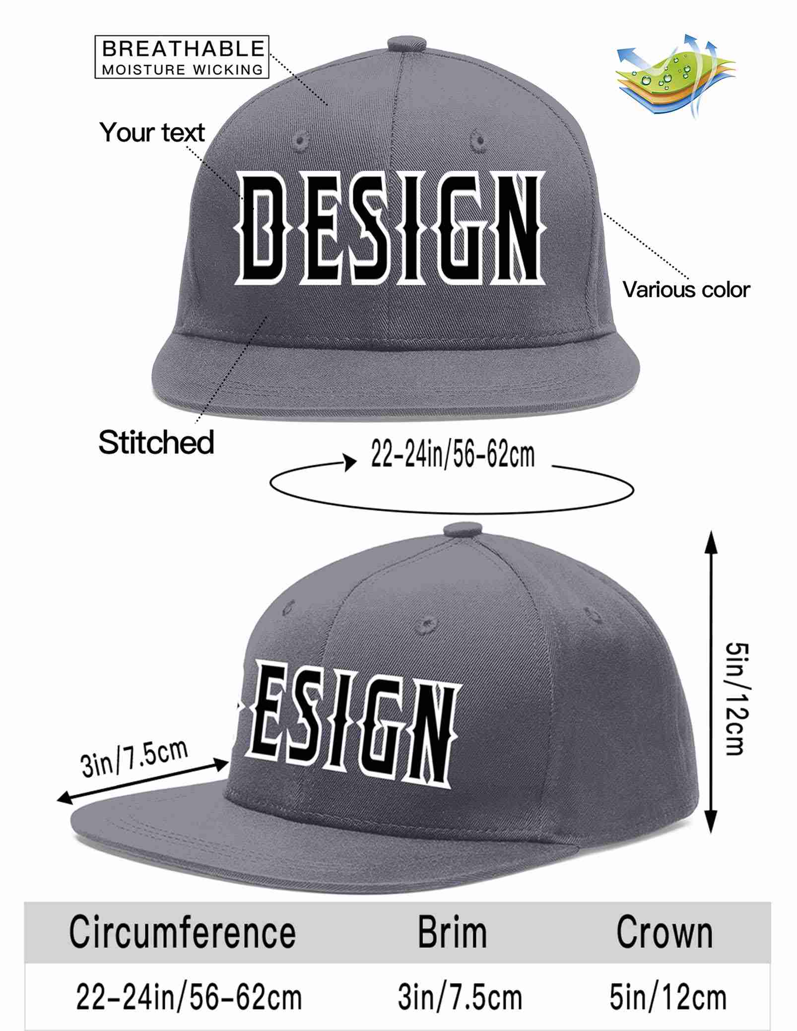 Custom Dark Gray Black-White Flat Eaves Sport Baseball Cap Design for Men/Women/Youth