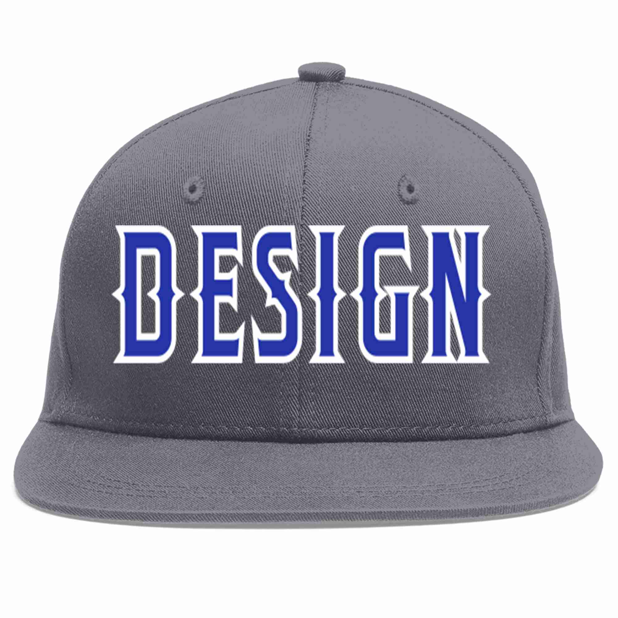 Custom Dark Gray Royal-White Flat Eaves Sport Baseball Cap Design for Men/Women/Youth