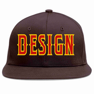 Conception personnalisée de casquette de baseball de sport à Eaves plates marron rouge-jaune pour hommes/femmes/jeunes