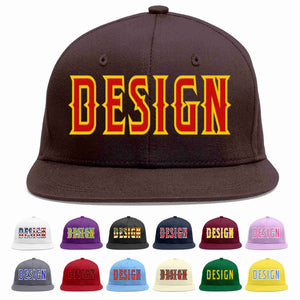 Conception personnalisée de casquette de baseball de sport à Eaves plates marron rouge-jaune pour hommes/femmes/jeunes