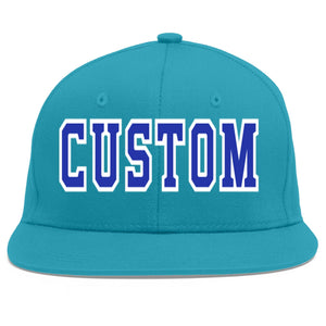 Custom Aqua Royal-White Flat Eaves Sport Baseball Cap