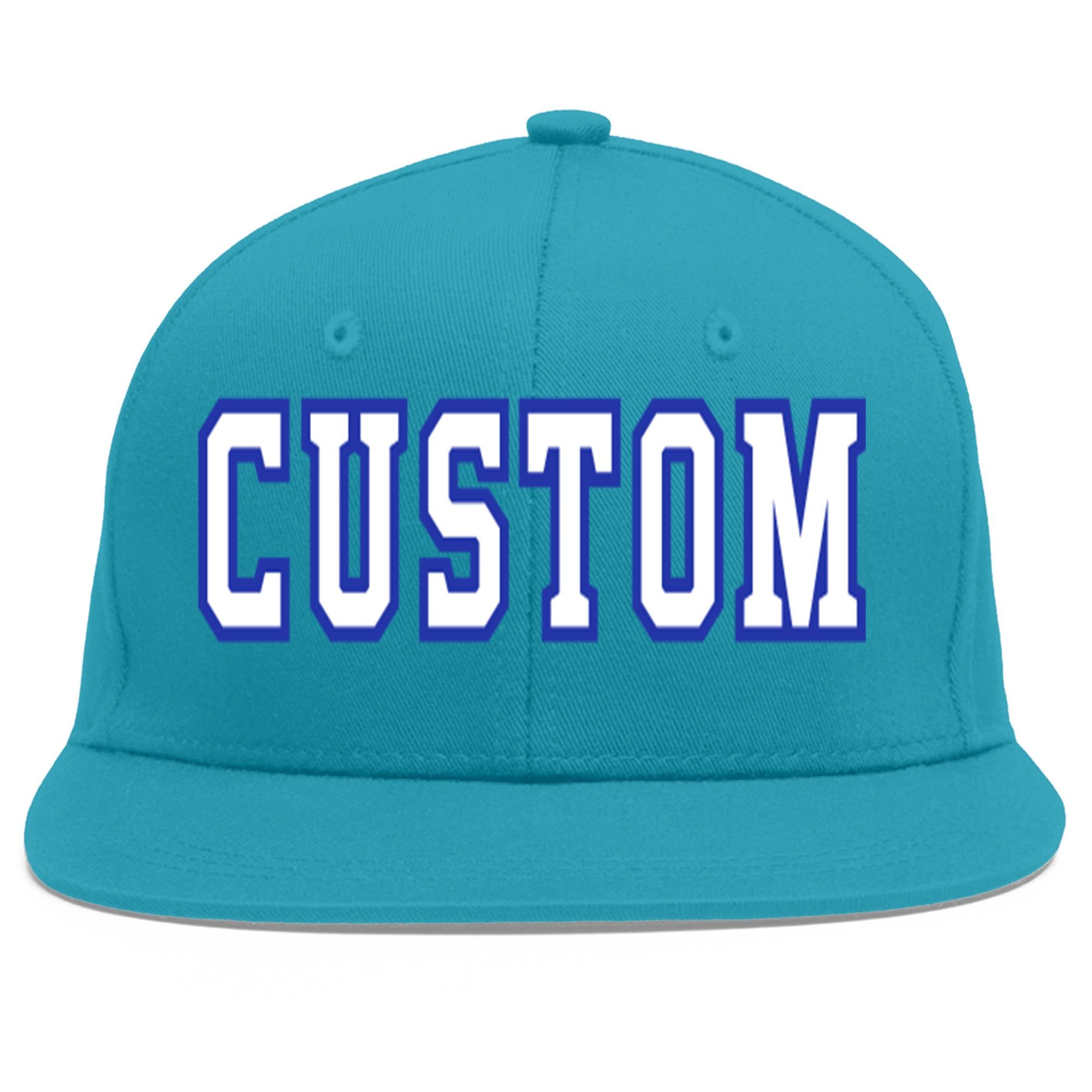 Custom Aqua White-Royal Flat Eaves Sport Baseball Cap