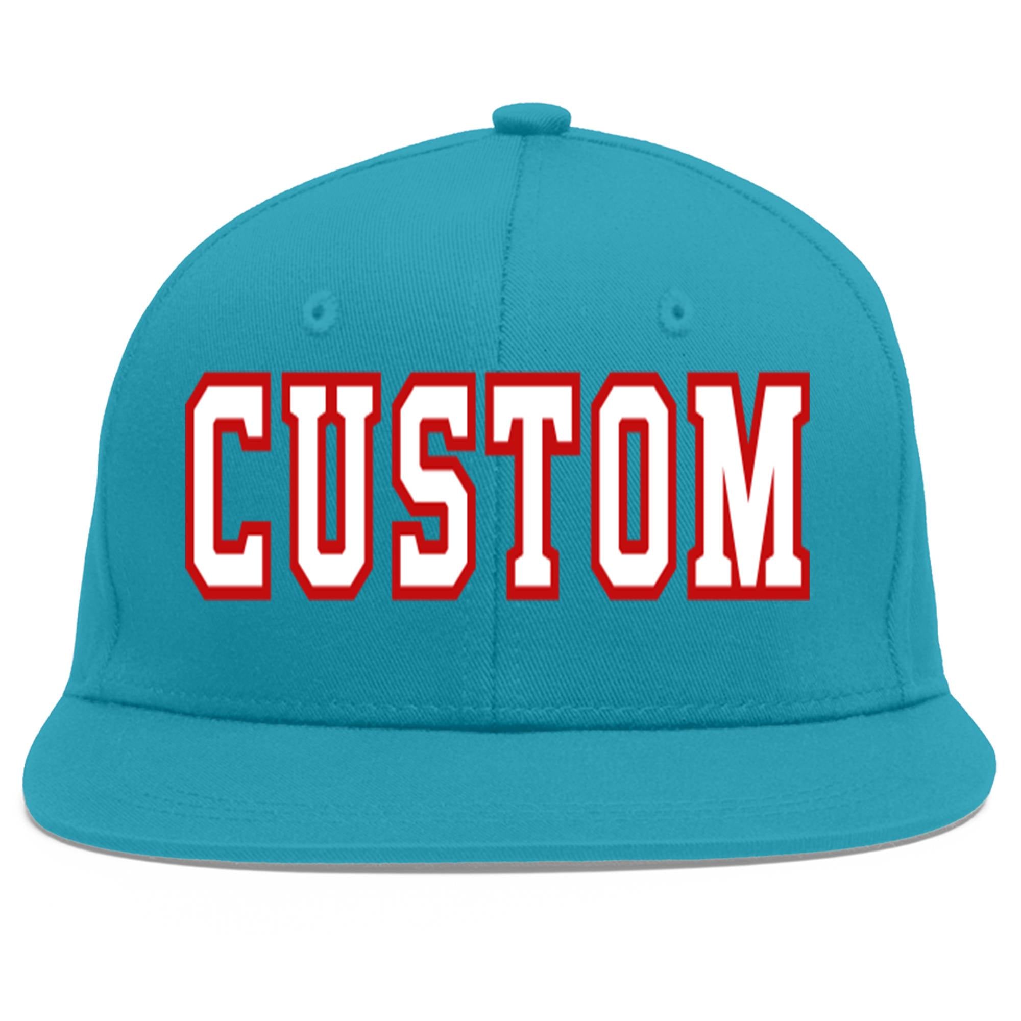 Custom Aqua White-Red Flat Eaves Sport Baseball Cap