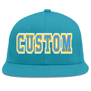 Custom Aqua Powder Blue-Gold Flat Eaves Sport Baseball Cap