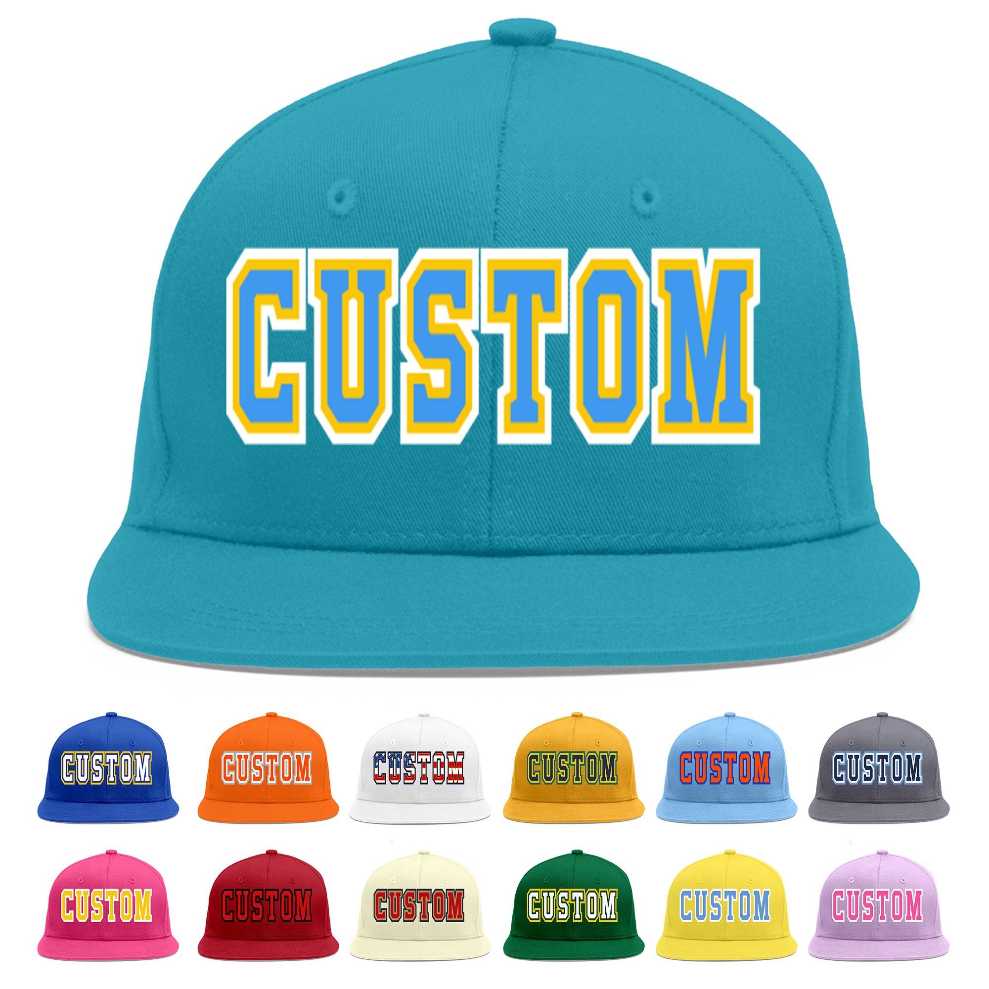 Casquette de baseball sport personnalisée Aqua Powder bleu-or Flat Eaves