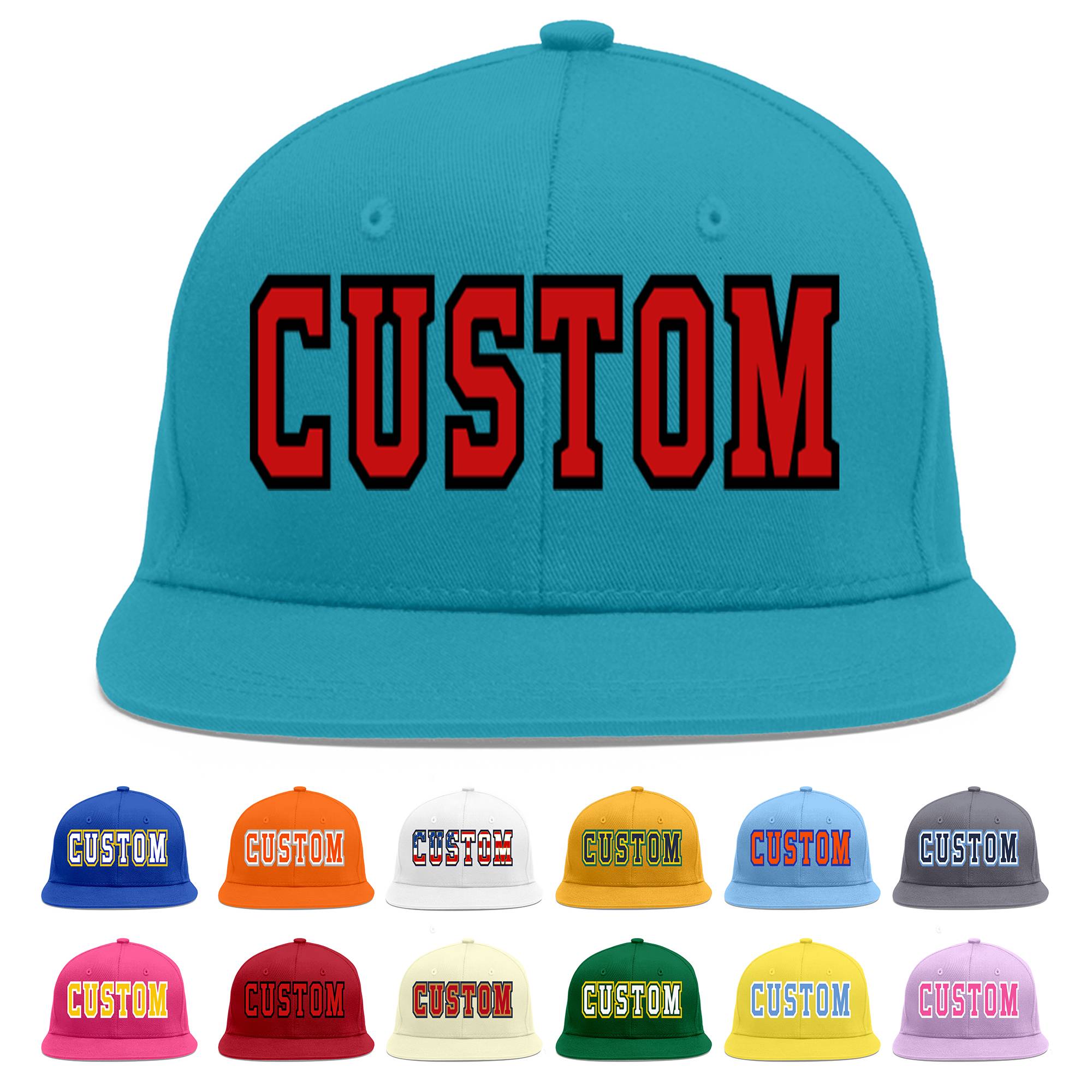 Custom Aqua Red-Black Flat Eaves Sport Baseball Cap