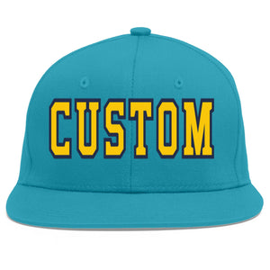 Custom Aqua Gold-Navy Flat Eaves Sport Baseball Cap