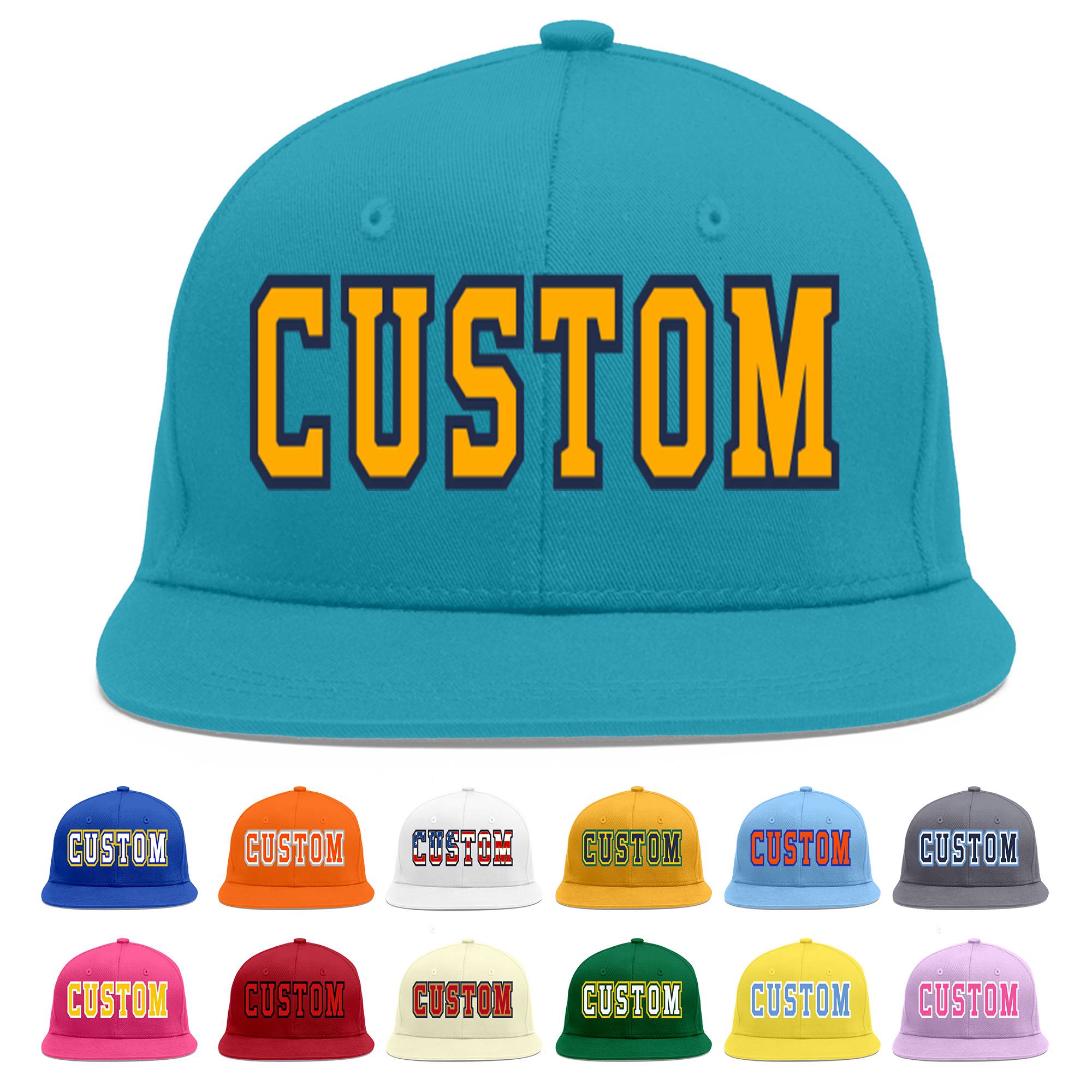 Custom Aqua Yellow-Navy Flat Eaves Sport Baseball Cap