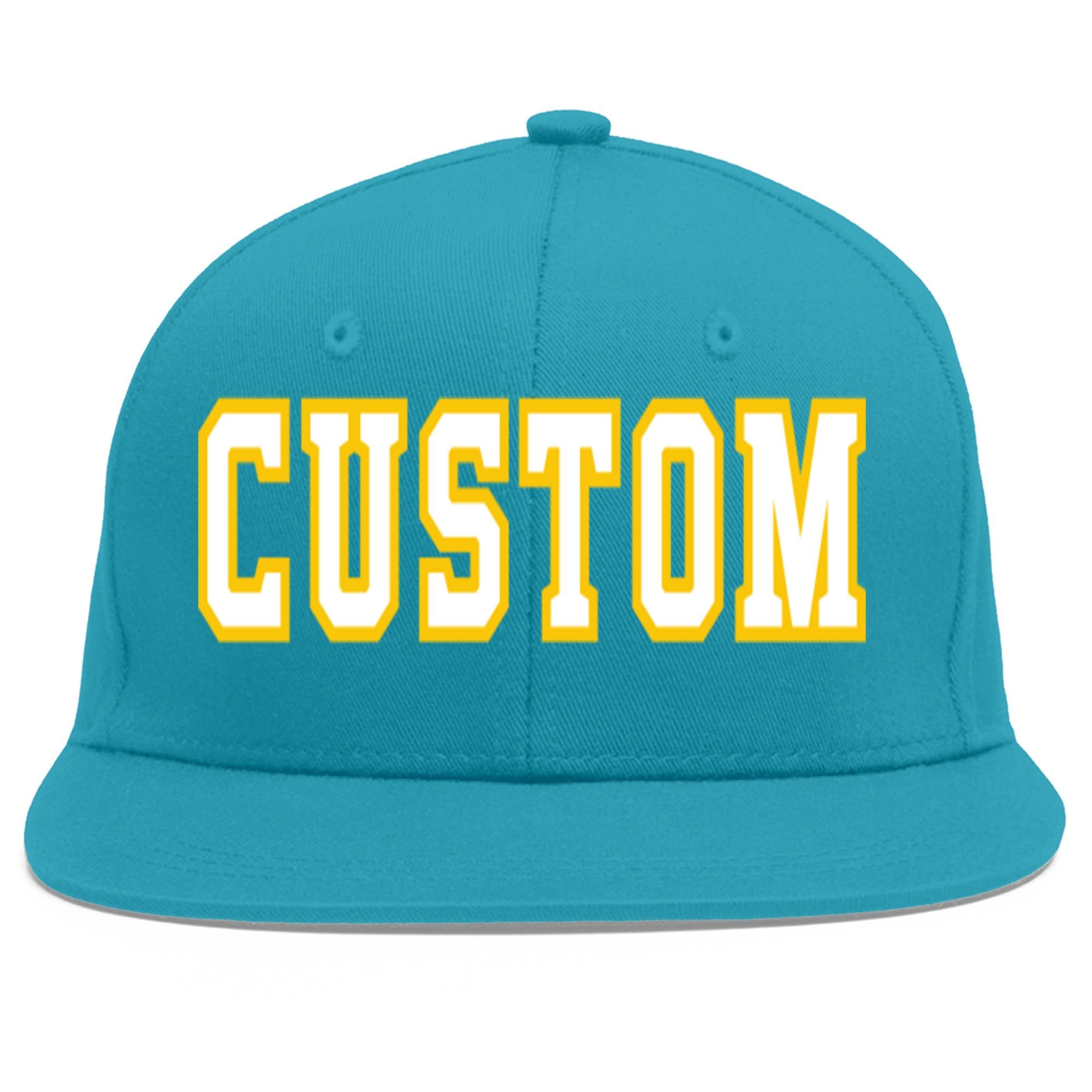 Custom Aqua White-Gold Flat Eaves Sport Baseball Cap