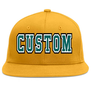 Custom Gold Aqua-White Flat Eaves Sport Baseball Cap