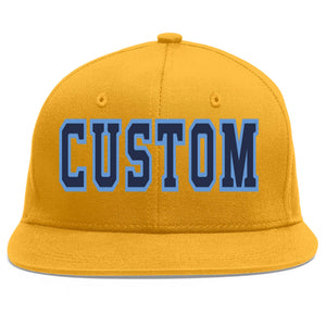 Custom Gold Navy-Light Blue Flat Eaves Sport Baseball Cap