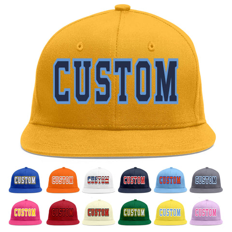 Custom Gold Navy-Light Blue Flat Eaves Sport Baseball Cap