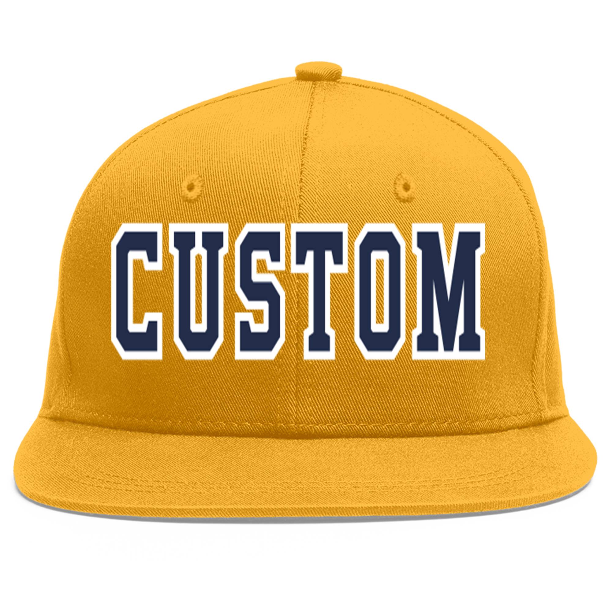 Custom Gold Navy-White Flat Eaves Sport Baseball Cap