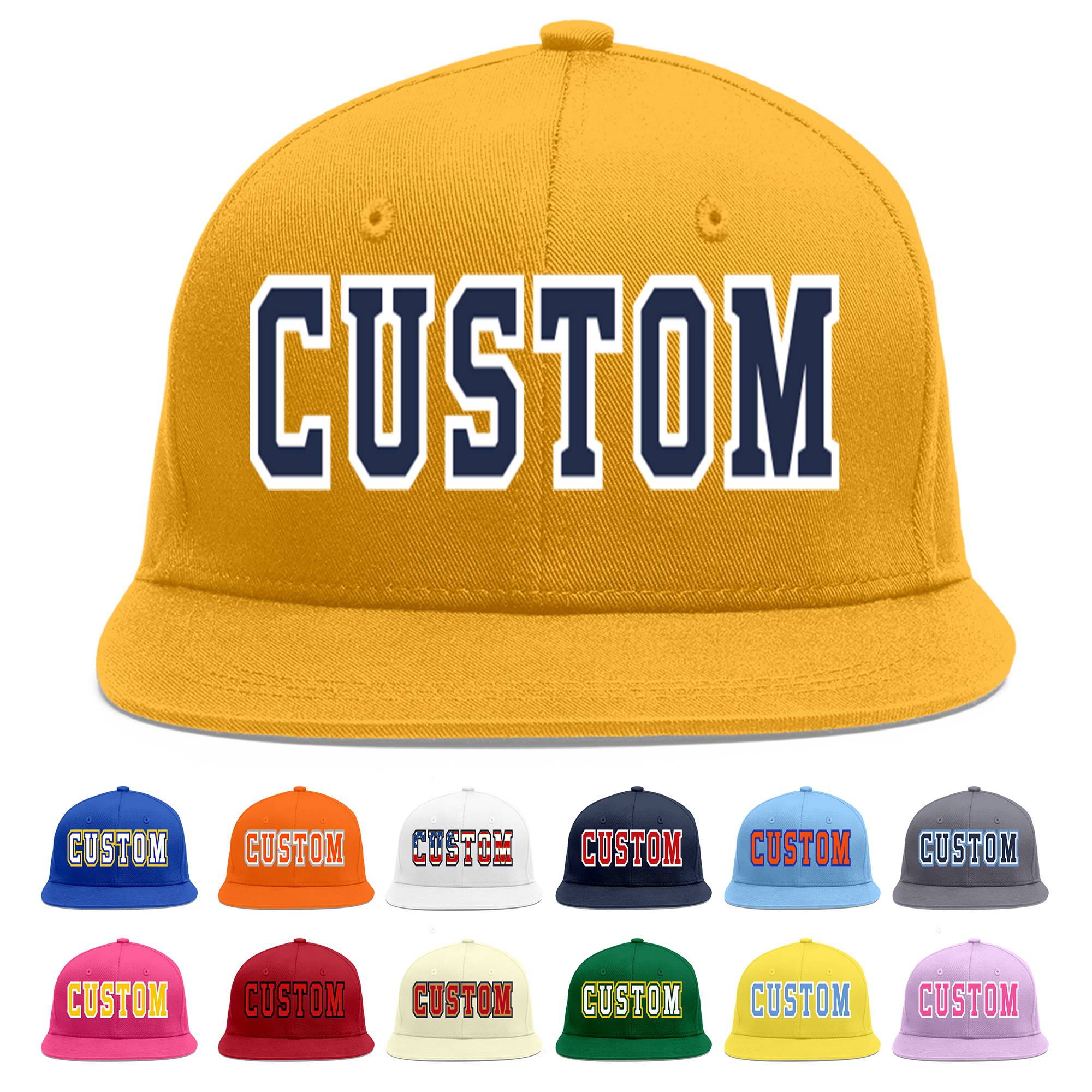 Custom Gold Navy-White Flat Eaves Sport Baseball Cap