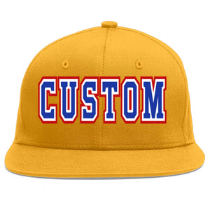 Custom Gold Royal-White Flat Eaves Sport Baseball Cap