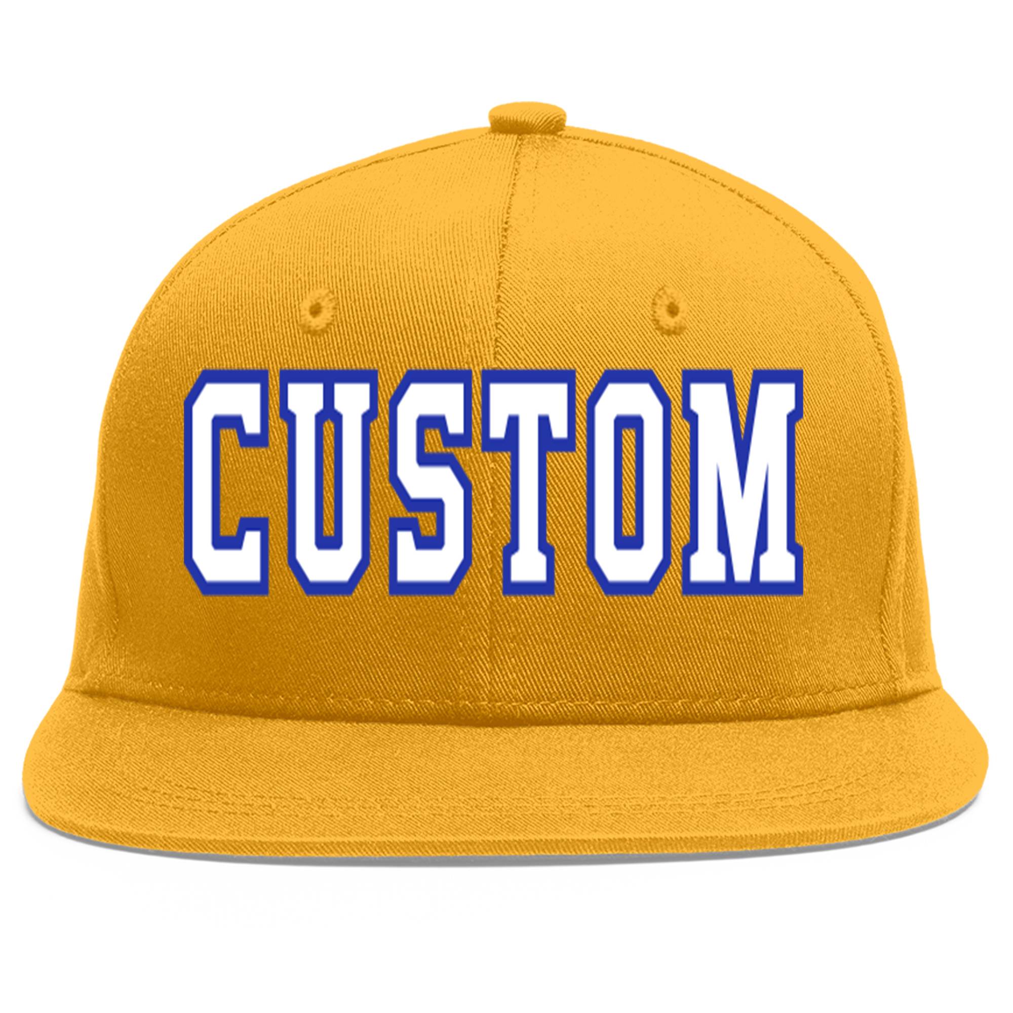 Casquette de baseball personnalisée Gold White-Royal Flat Eaves Sport