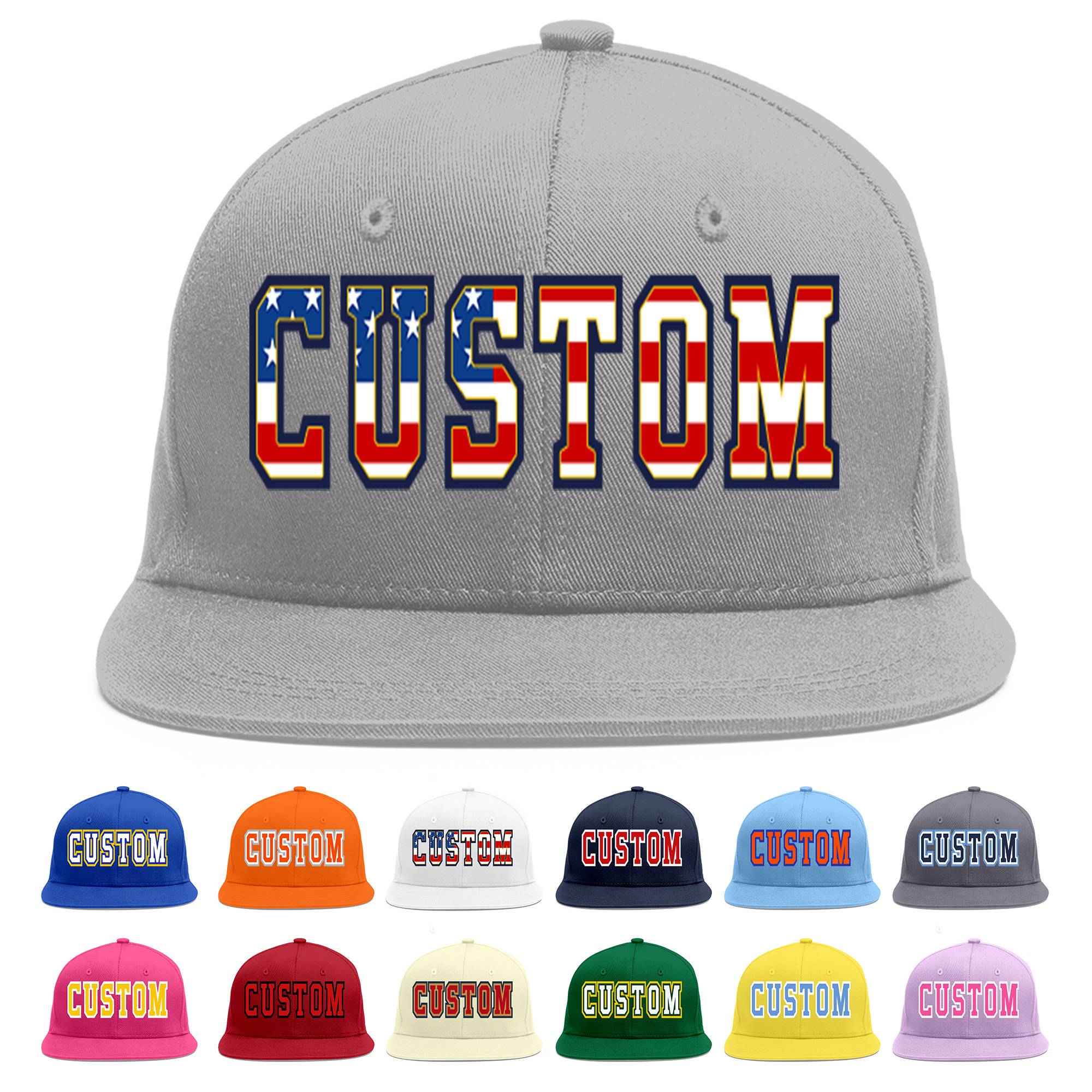 Custom Gray Vintage USA Flag-Gold Flat Eaves Sport Baseball Cap