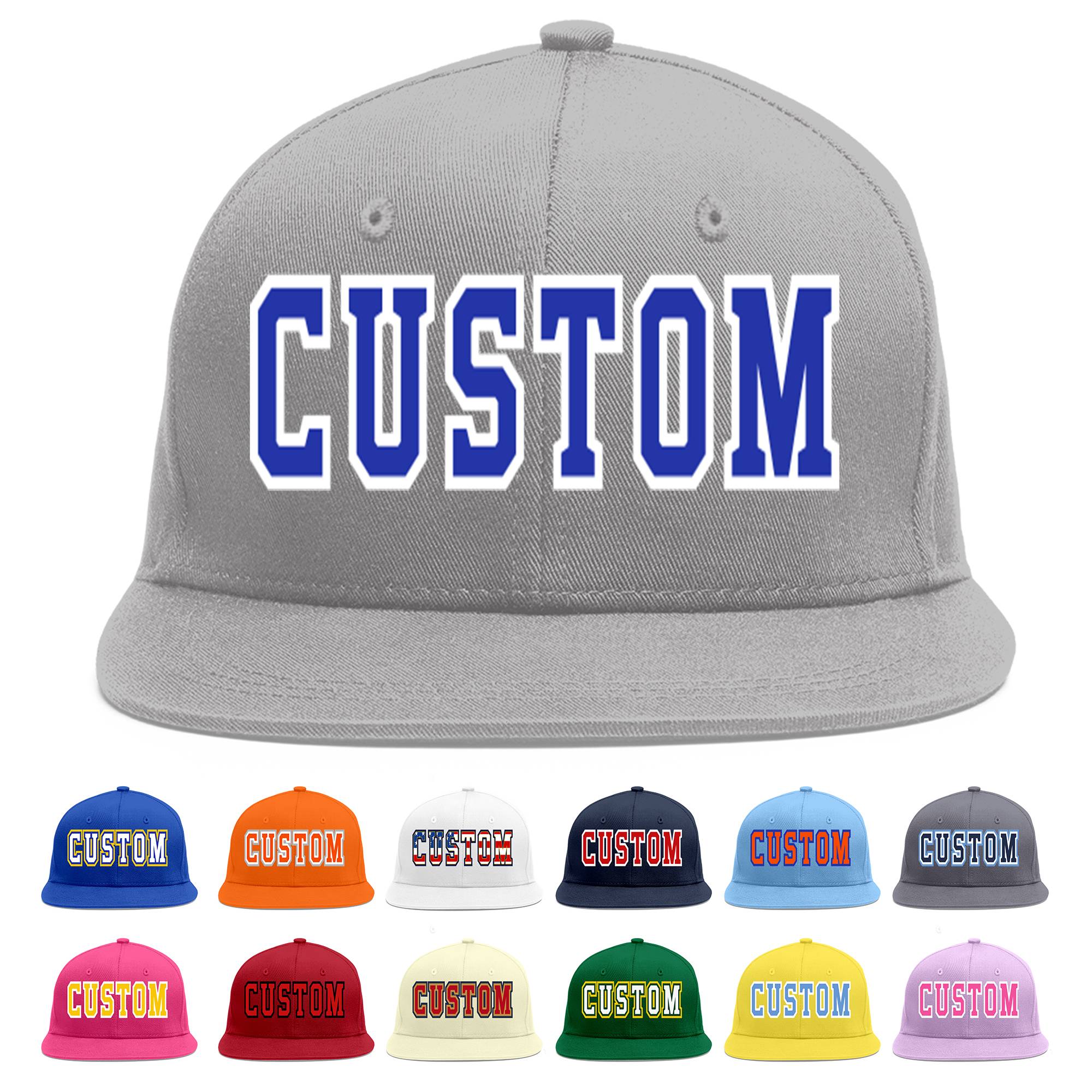 Custom Gray Royal-White Flat Eaves Sport Baseball Cap