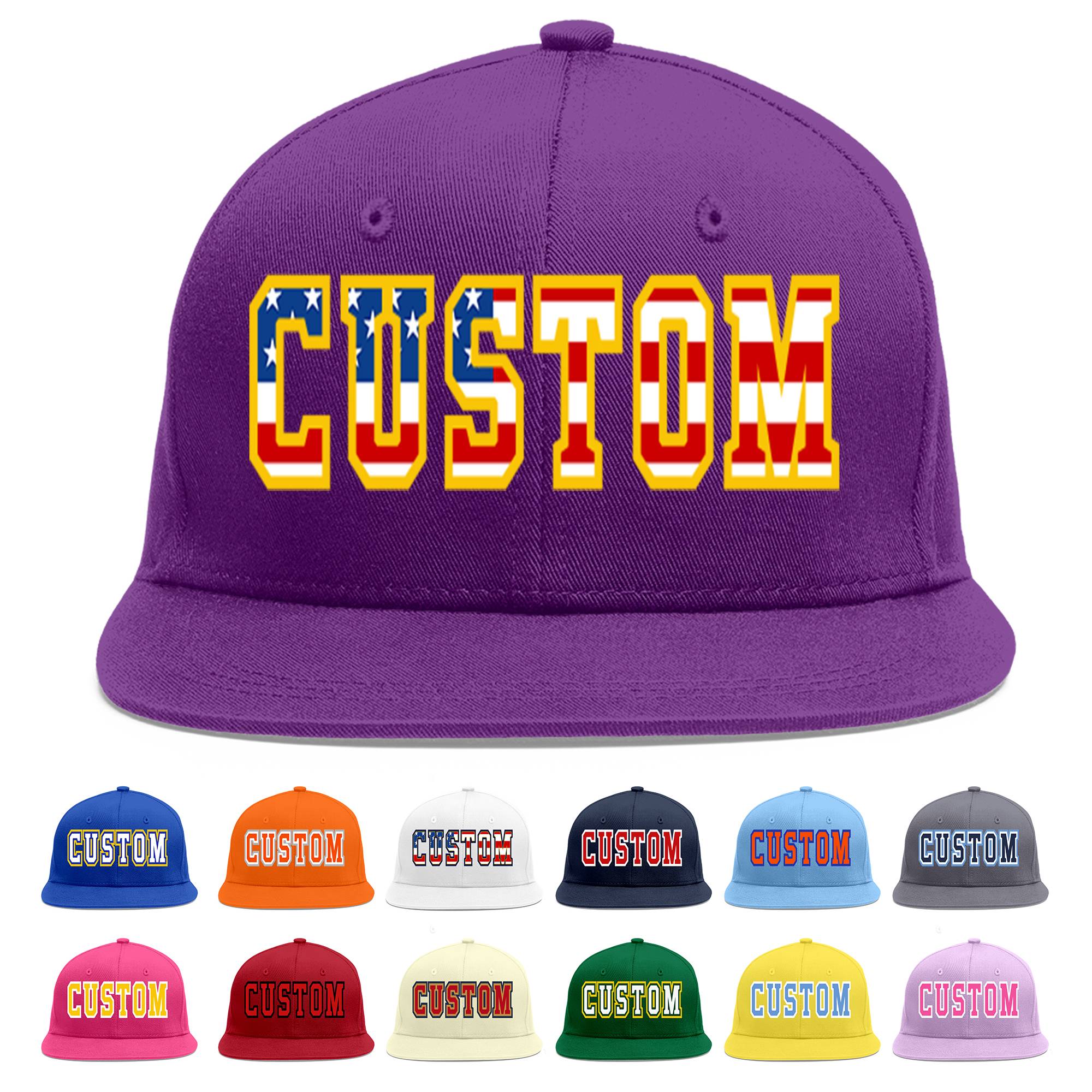 Custom Purple Vintage USA Flag-Gold Flat Eaves Sport Baseball Cap