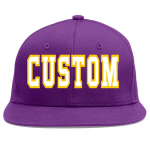 Custom Purple White-Gold Flat Eaves Sport Baseball Cap