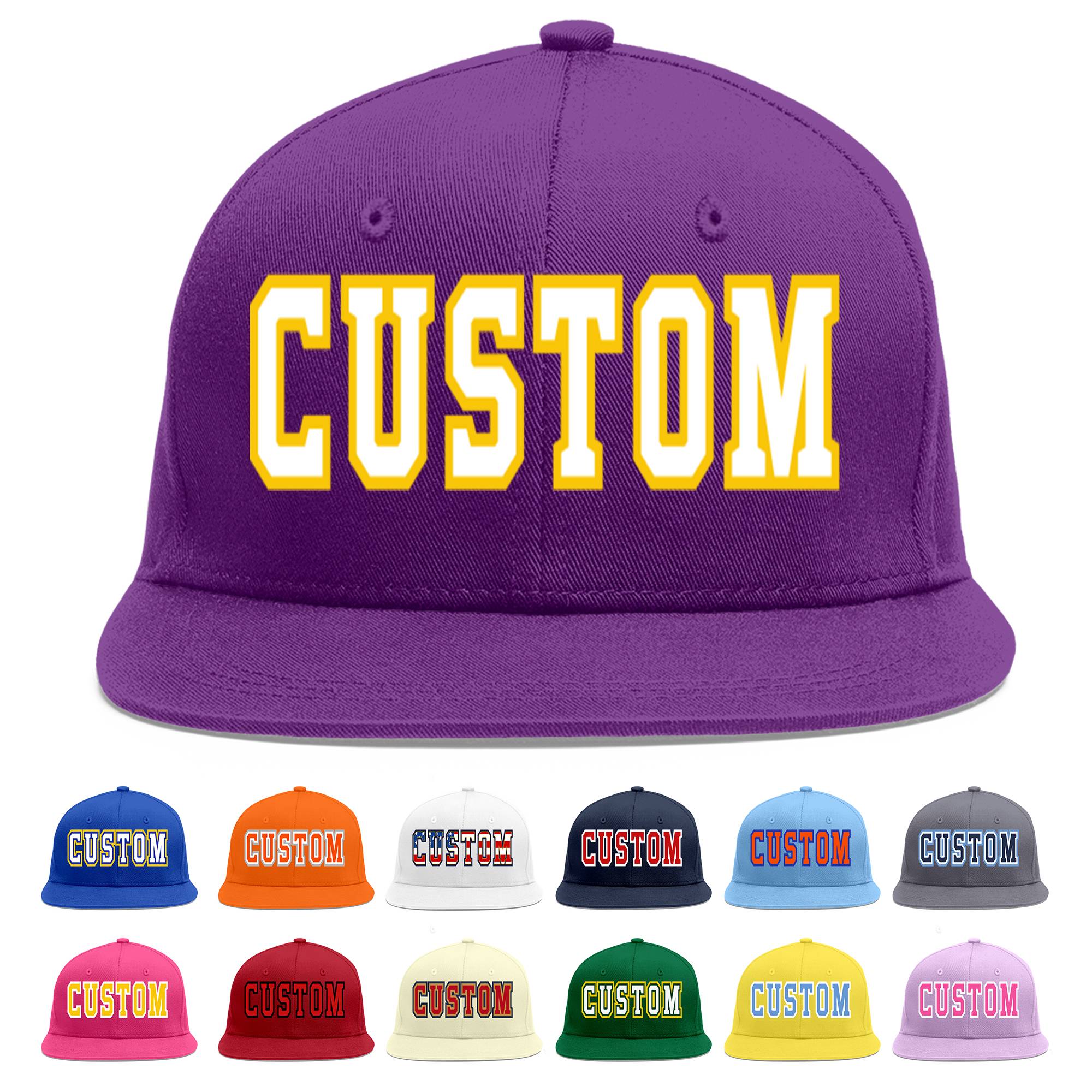 Casquette de baseball sport personnalisée violet blanc-or Flat Eaves