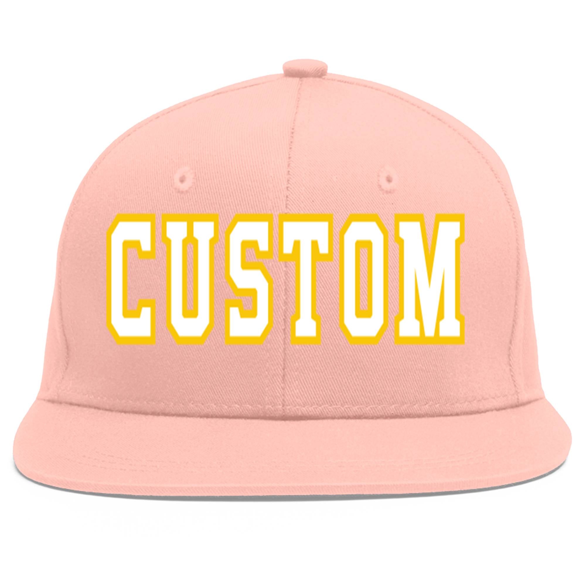 Custom Pink White-Gold Flat Eaves Sport Baseball Cap