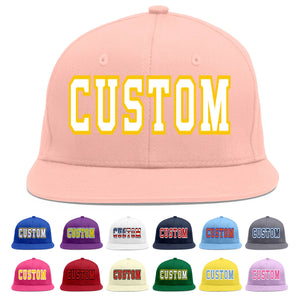 Custom Pink White-Gold Flat Eaves Sport Baseball Cap