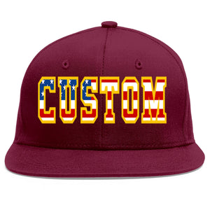 Custom Crimson Vintage USA Flag-Gold Flat Eaves Sport Baseball Cap