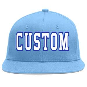 Custom Light Blue White-Royal Flat Eaves Sport Baseball Cap