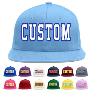 Custom Light Blue White-Royal Flat Eaves Sport Baseball Cap