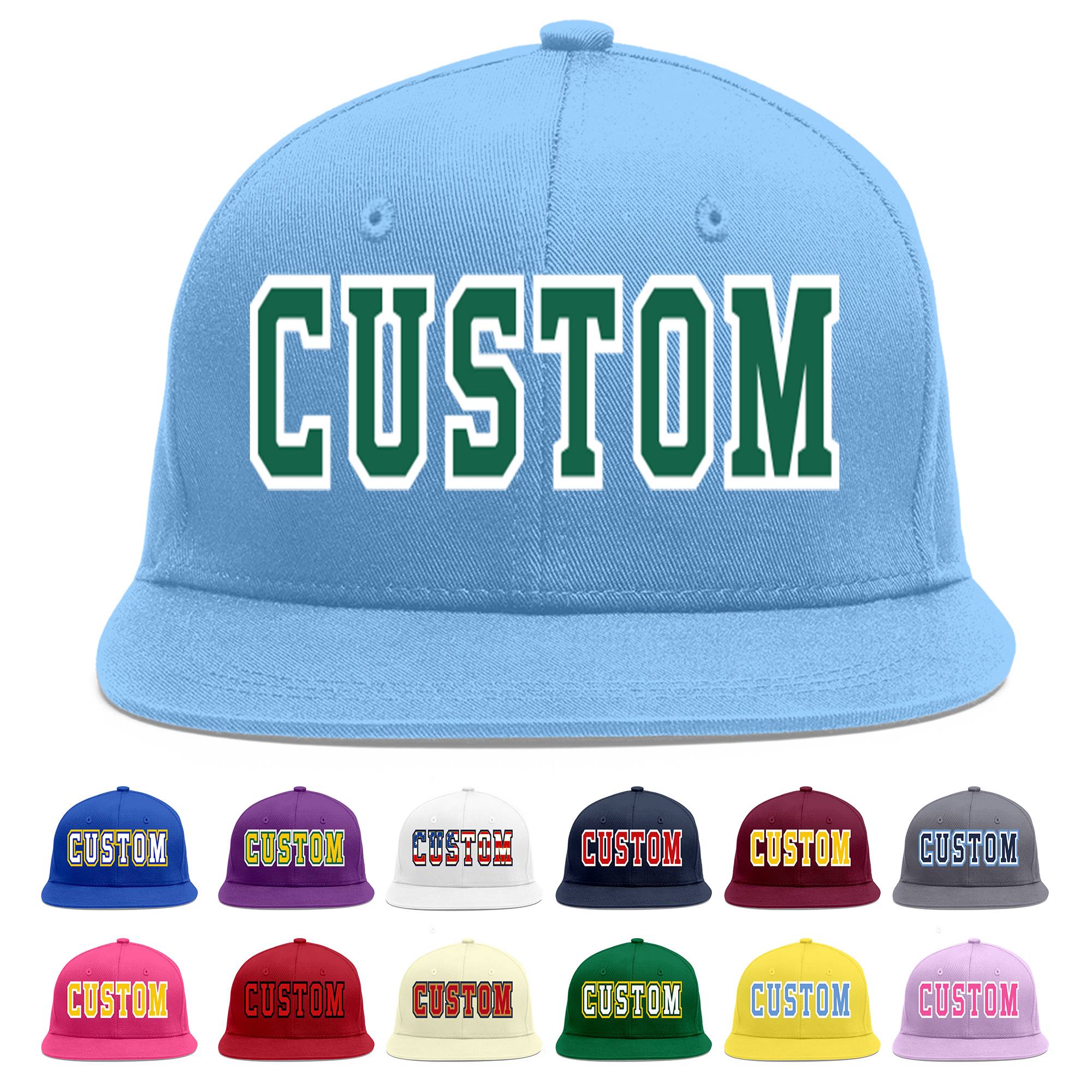 Custom Light Blue Kelly Green-White Flat Eaves Sport Baseball Cap