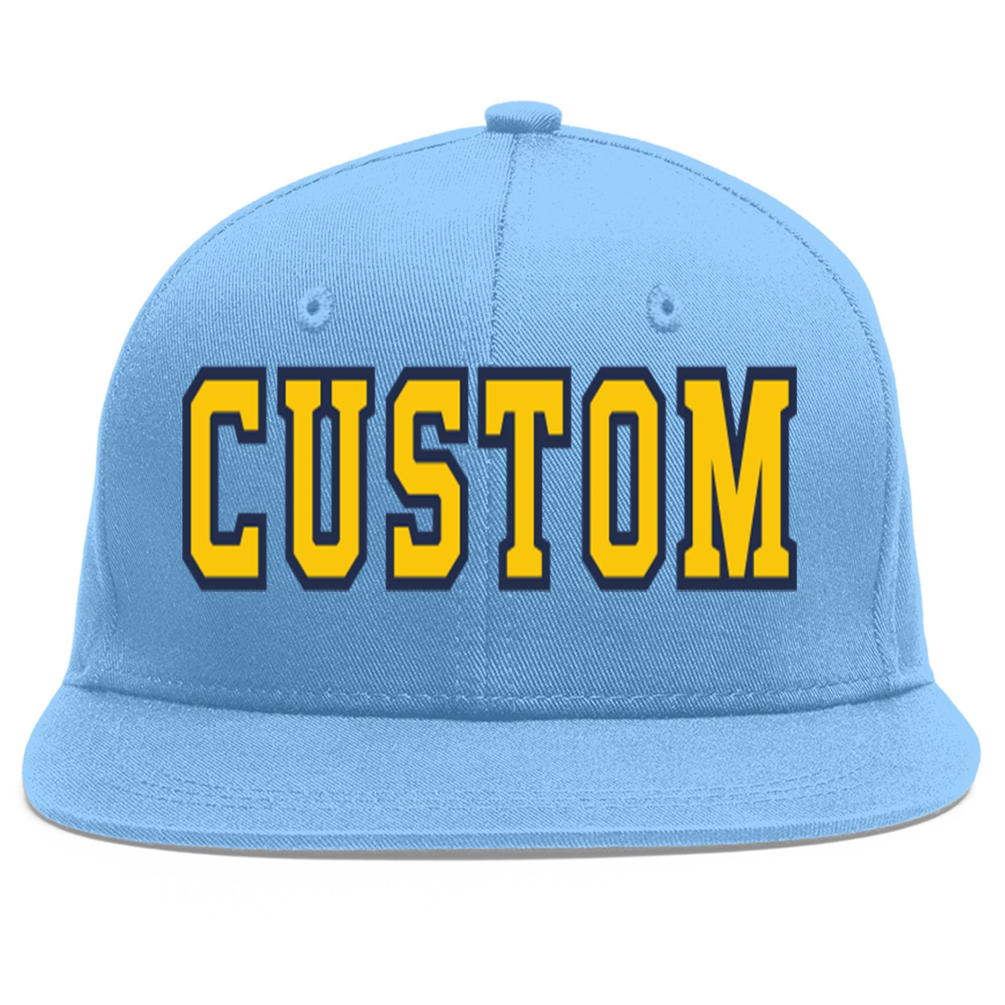 Casquette de baseball sport personnalisée bleu clair or-marine Flat Eaves