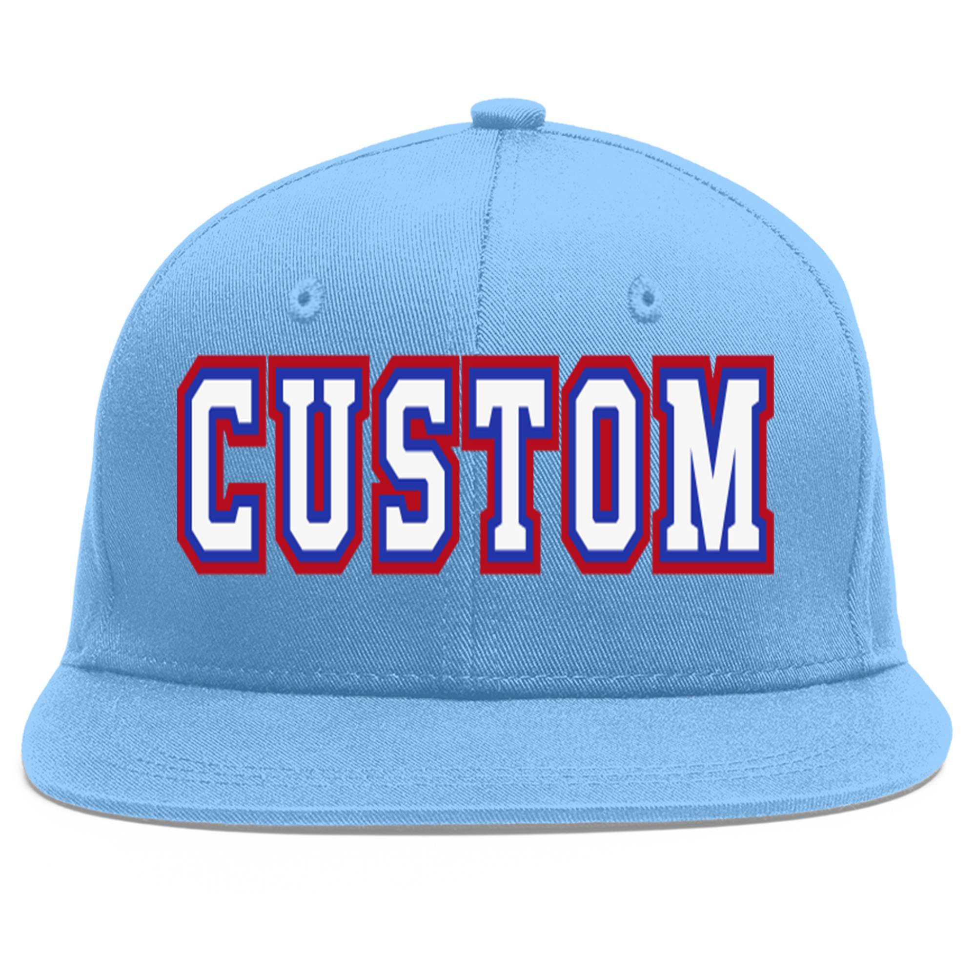 Custom Light Blue White-Royal Flat Eaves Sport Baseball Cap