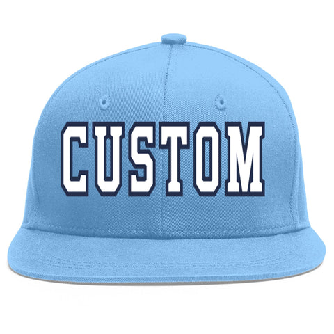 Custom Light Blue White-Navy Flat Eaves Sport Baseball Cap