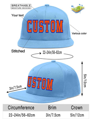 Custom Light Blue Orange-Royal Flat Eaves Sport Baseball Cap