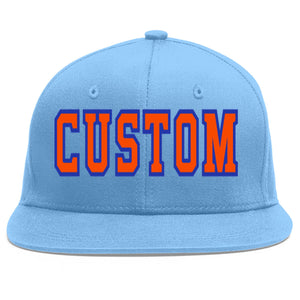 Custom Light Blue Orange-Royal Flat Eaves Sport Baseball Cap