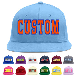 Custom Light Blue Orange-Royal Flat Eaves Sport Baseball Cap