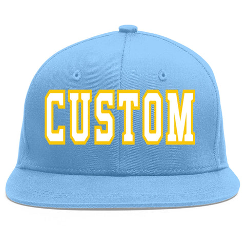 Custom Light Blue White-Gold Flat Eaves Sport Baseball Cap