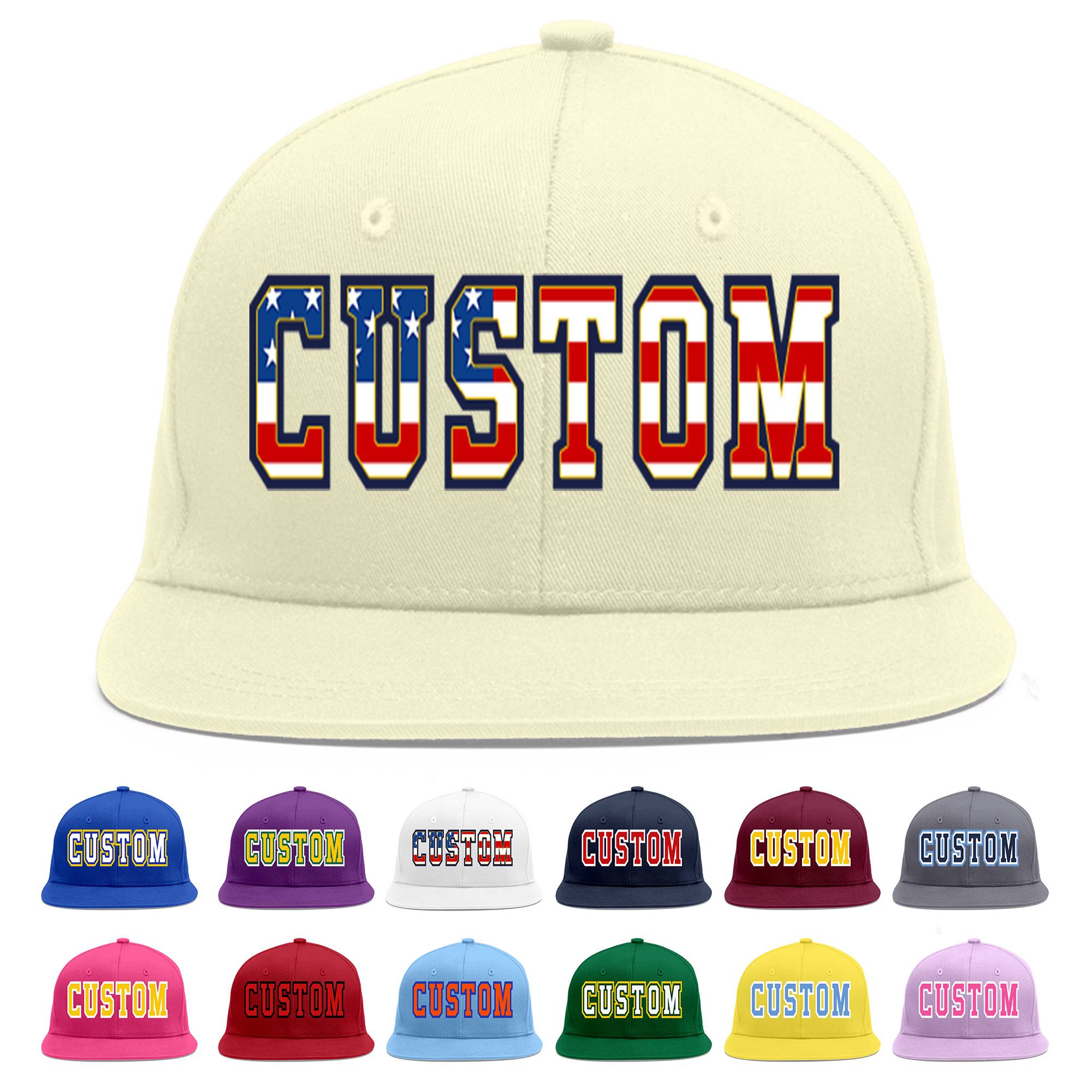 Custom Cream Vintage USA Flag-Gold Flat Eaves Sport Baseball Cap