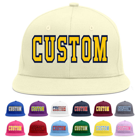 Custom Cream Gold-Navy Flat Eaves Sport Baseball Cap