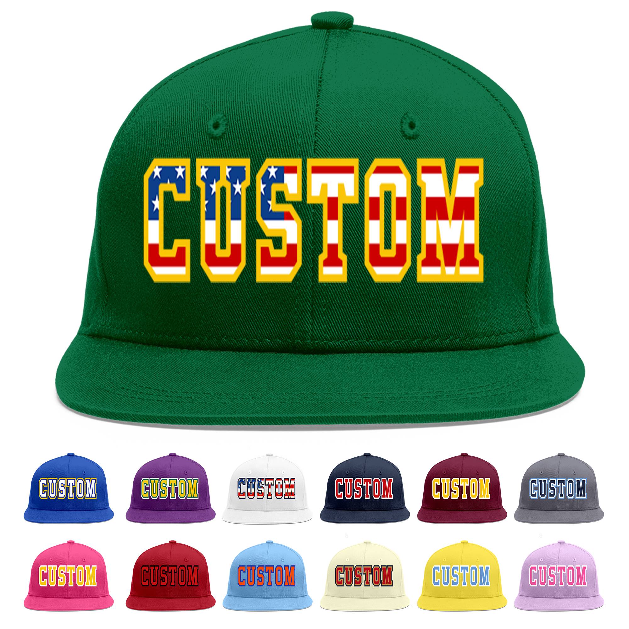 Custom Green Vintage USA Flag-Gold Flat Eaves Sport Baseball Cap